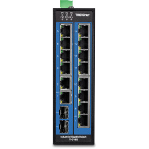 TRENDnet TI-G162 16-Port Ethernet Switch, 14 Gigabit ethernet ports, 2 Gigabit SFP slots, 32 Gbps switching capacity, DIN-rail/wall mount